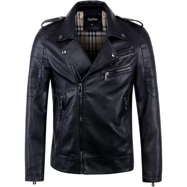 chouyatou Mens Vintage Asymmetric Zip Lightweight Faux Leather Biker JacketBlack