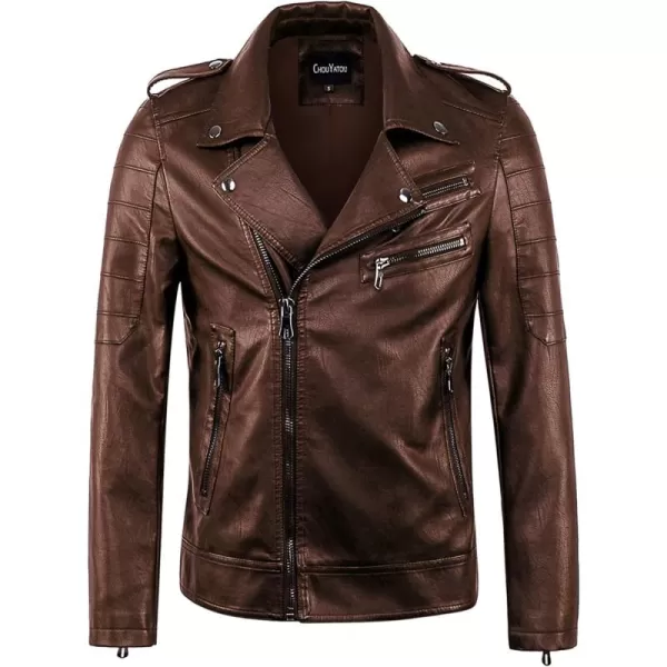 chouyatou Mens Vintage Asymmetric Zip Lightweight Faux Leather Biker JacketBrown