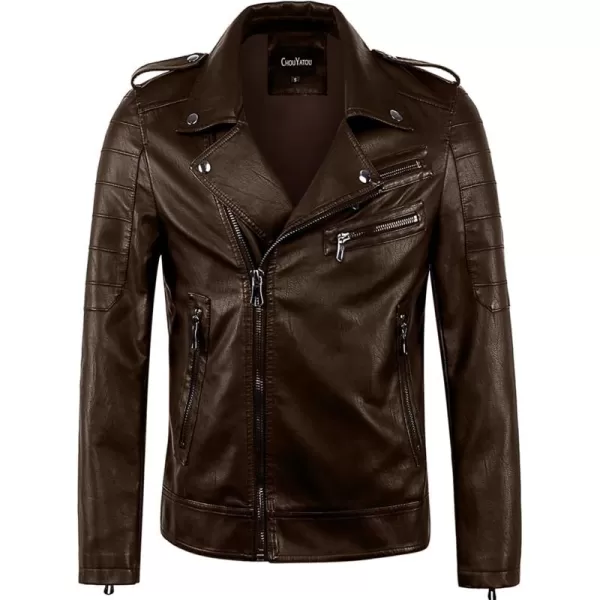 chouyatou Mens Vintage Asymmetric Zip Lightweight Faux Leather Biker JacketCoffee