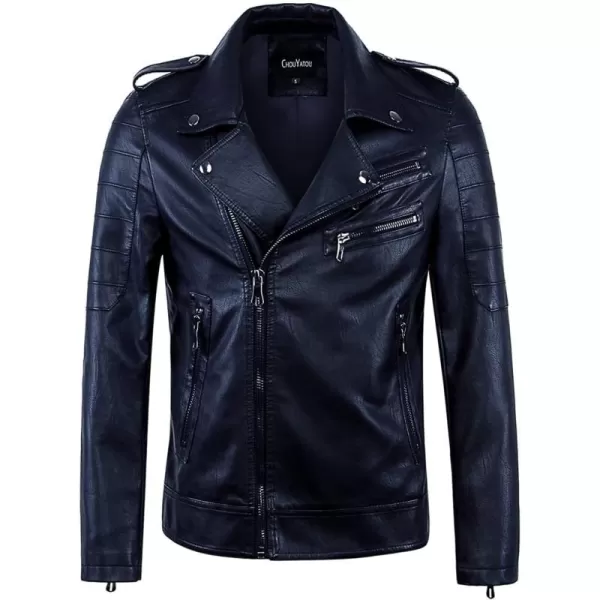 chouyatou Mens Vintage Asymmetric Zip Lightweight Faux Leather Biker JacketDark Blue
