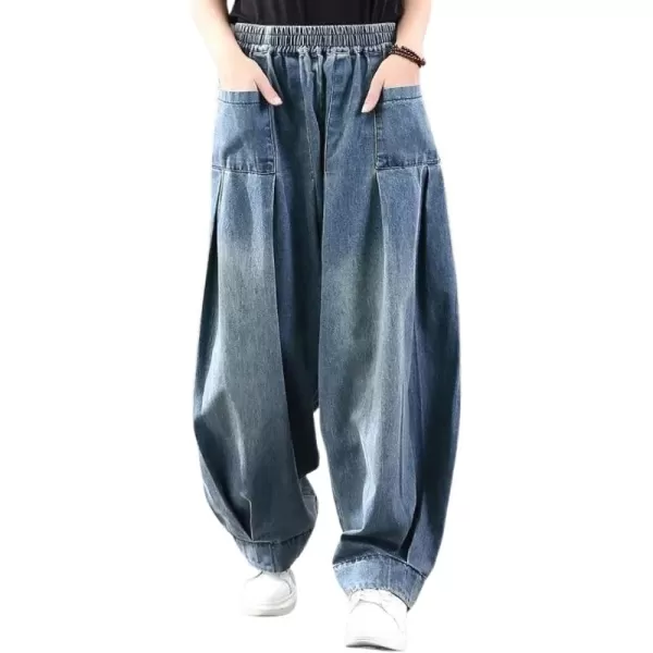 chouyatou Women Winter Fall Casual Wide Leg Denim Pants Baggy Culotte Jeans Elastic Waist Loose TrousersBlue