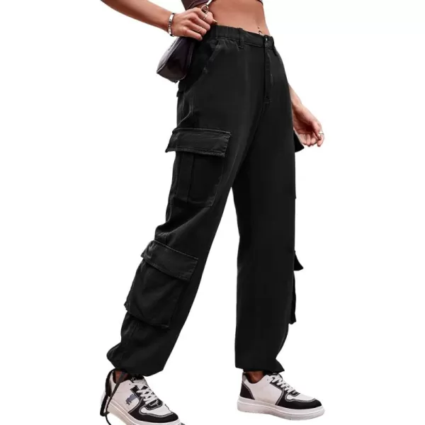 chouyatou Womens Baggy Cargo Pants Y2K Casual Cargo Jeans boyfriend High Waist Parachute PantsBlack