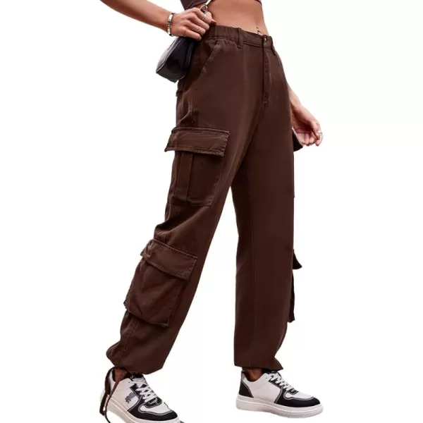 chouyatou Womens Baggy Cargo Pants Y2K Casual Cargo Jeans boyfriend High Waist Parachute PantsBrown