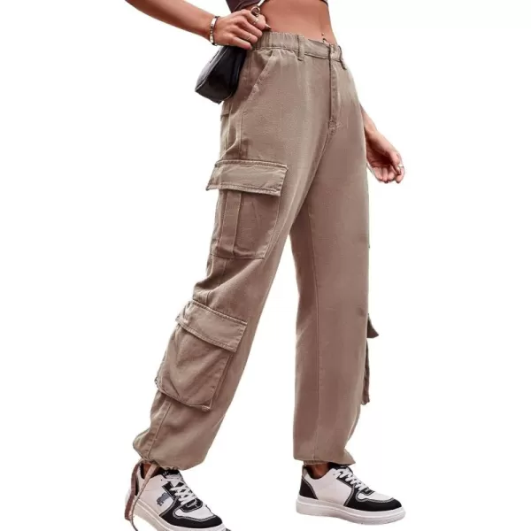 chouyatou Womens Baggy Cargo Pants Y2K Casual Cargo Jeans boyfriend High Waist Parachute PantsKhaki