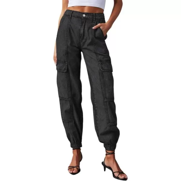chouyatou Womens Baggy Y2K Denim Cargo Pants Elastic High Waisted Boyfriend Harem Jeans Pants TrousersBlack