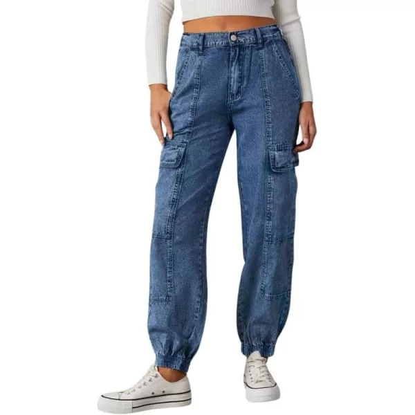 chouyatou Womens Baggy Y2K Denim Cargo Pants Elastic High Waisted Boyfriend Harem Jeans Pants TrousersBlue