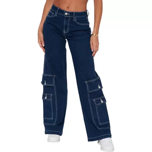 chouyatou Womens Baggy Y2K Wide Leg Denim Cargo Jeans Pants Trousers StreetwearBlue