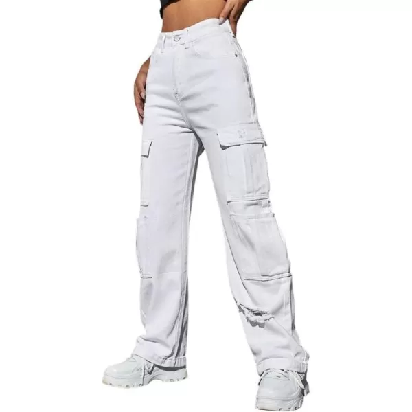 chouyatou Womens Boyfriend 8 Pocket Cargo Jeans Wide Leg Baggy Jeans Denim PantsWhite