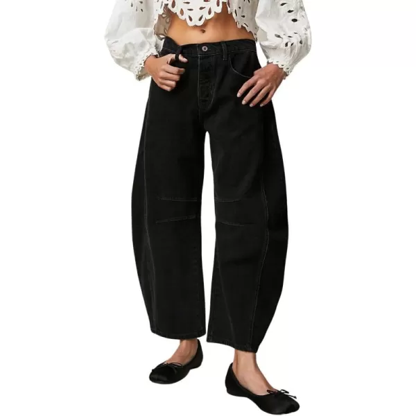 chouyatou Womens Boyfriend Wide Leg Denim Pants Y2K Baggy Mid Rise Casual Dressy Barrel Jeans with PocketsBlack