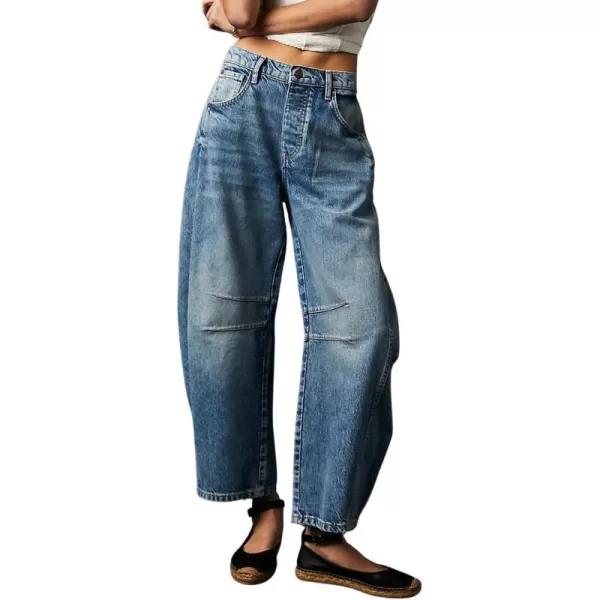 chouyatou Womens Boyfriend Wide Leg Denim Pants Y2K Baggy Mid Rise Casual Dressy Barrel Jeans with PocketsBlue
