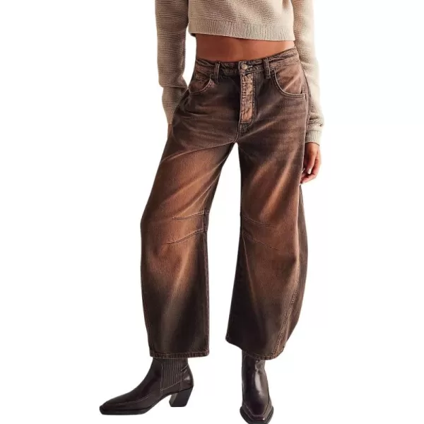 chouyatou Womens Boyfriend Wide Leg Denim Pants Y2K Baggy Mid Rise Casual Dressy Barrel Jeans with PocketsCaramel