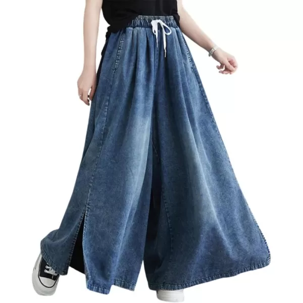 chouyatou Womens Casual Wide Leg Denim Pants Baggy Culotte Jeans Drawstring Waist Loose TrousersDark Blue