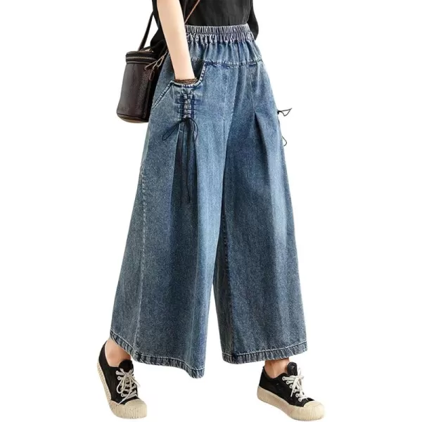 chouyatou Womens Casual Wide Leg Denim Pants Baggy Culotte Jeans Elastic Waist Loose TrousersDark Blue