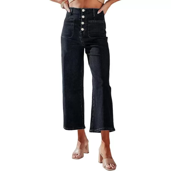 chouyatou Womens Fashion Button Up High Waisted Crop Jeans Business Casual Denim Pants TrousersBlack