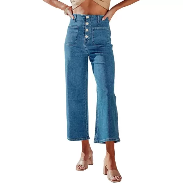 chouyatou Womens Fashion Button Up High Waisted Crop Jeans Business Casual Denim Pants TrousersDenim Blue