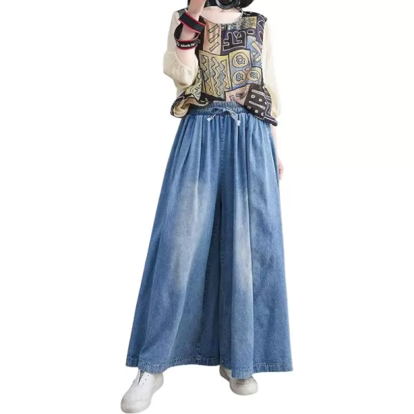 chouyatou Womens High Waist Wide Leg Jeans Trousers Baggy Casual Denim Palazzo Pants CulottesBlue