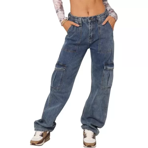 chouyatou Womens Multi Pockets Cargo Utility Denim Pants Y2K High Waisted Pants Jeans StreetwearBlue Grey