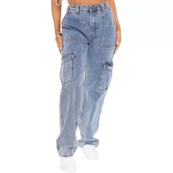 chouyatou Womens Multi Pockets Cargo Utility Denim Pants Y2K High Waisted Pants Jeans StreetwearLight Blue