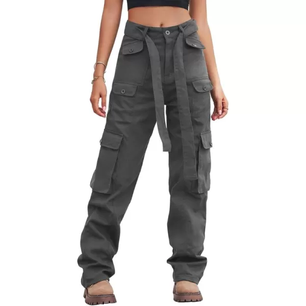 chouyatou Womens Multi Pockets Cargo Utility High Waist Denim Pants Jeans StreetwearGrey