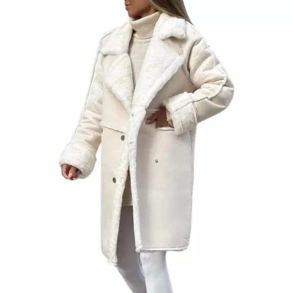 chouyatou Womens Winter Notched Lapel Double Breasted Sherpa Fleece Faux Suede Leather Long Trench Coat with PocketsApricot