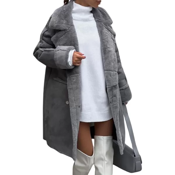 chouyatou Womens Winter Notched Lapel Double Breasted Sherpa Fleece Faux Suede Leather Long Trench Coat with PocketsDark Gray