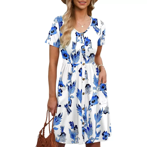 MOLERANI Women Summer Casual Short Sleeve Dresses Button Down Skater Dress with PocketsBlue White