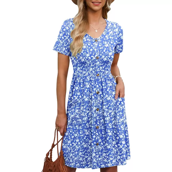 MOLERANI Women Summer Casual Short Sleeve Dresses Button Down Skater Dress with PocketsBlue White Flower