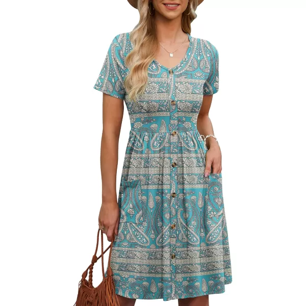 MOLERANI Women Summer Casual Short Sleeve Dresses Button Down Skater Dress with PocketsBoho Floral Green
