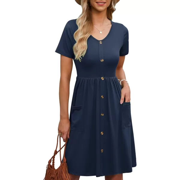 MOLERANI Women Summer Casual Short Sleeve Dresses Button Down Skater Dress with PocketsNavy Blue