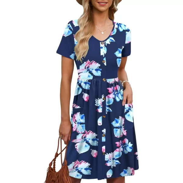 MOLERANI Women Summer Casual Short Sleeve Dresses Button Down Skater Dress with PocketsNavy Pink Flower