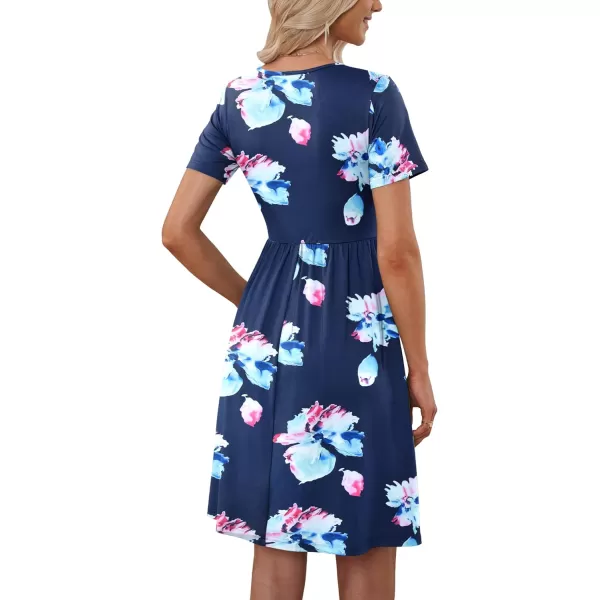 MOLERANI Women Summer Casual Short Sleeve Dresses Button Down Skater Dress with PocketsNavy Pink Flower