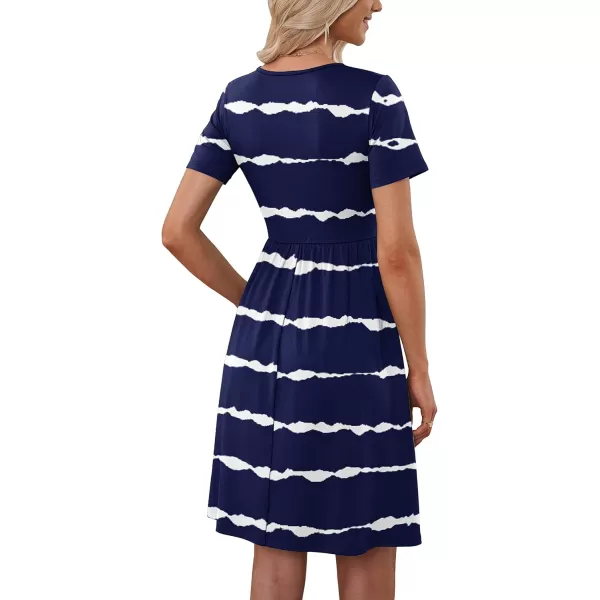 MOLERANI Women Summer Casual Short Sleeve Dresses Button Down Skater Dress with PocketsNavy Wavy Striped