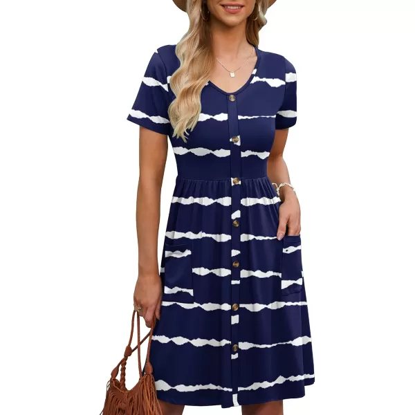 MOLERANI Women Summer Casual Short Sleeve Dresses Button Down Skater Dress with PocketsNavy Wavy Striped