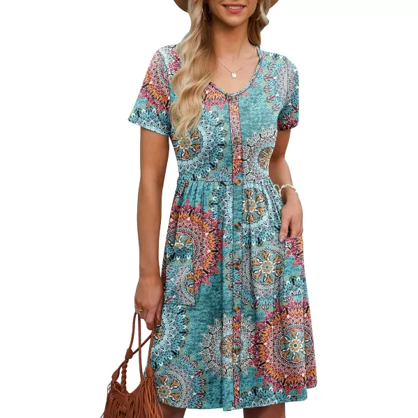 MOLERANI Women Summer Casual Short Sleeve Dresses Button Down Skater Dress with PocketsPrint Green