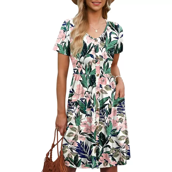 MOLERANI Women Summer Casual Short Sleeve Dresses Button Down Skater Dress with PocketsWhite Pink Flowers