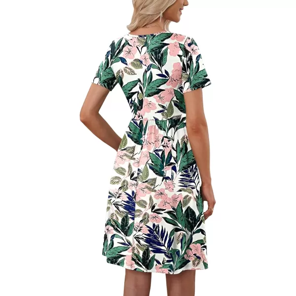 MOLERANI Women Summer Casual Short Sleeve Dresses Button Down Skater Dress with PocketsWhite Pink Flowers