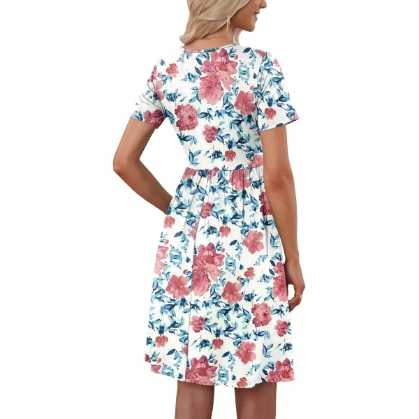 MOLERANI Women Summer Casual Short Sleeve Dresses Button Down Skater Dress with PocketsWhite Red Flowers
