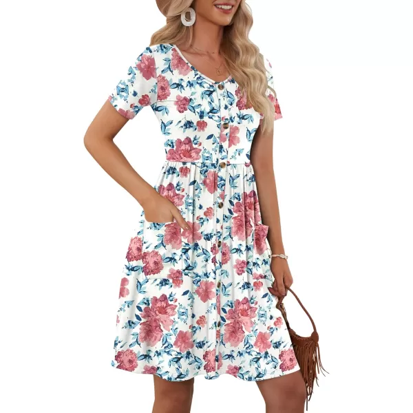 MOLERANI Women Summer Casual Short Sleeve Dresses Button Down Skater Dress with PocketsWhite Red Flowers