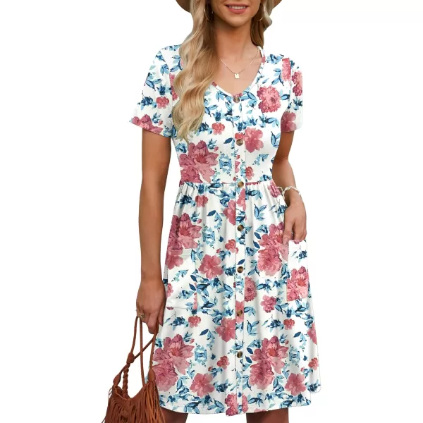 MOLERANI Women Summer Casual Short Sleeve Dresses Button Down Skater Dress with PocketsWhite Red Flowers
