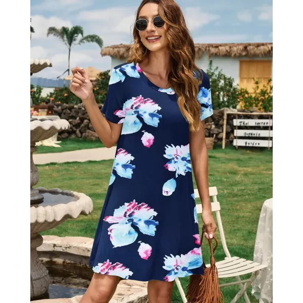 MOLERANI Womens Casual Plain Simple TShirt Loose Dress02 Navy Pink Flower