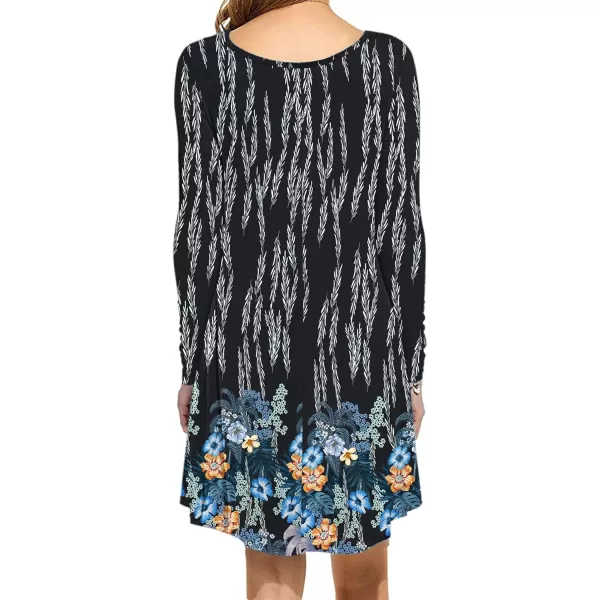 MOLERANI Womens Long Sleeve Casual Swing Simple TShirt Loose DressBlack Blue Flower