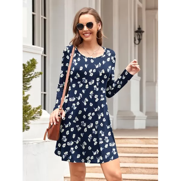 MOLERANI Womens Long Sleeve Casual Swing Simple TShirt Loose DressFloral Navy