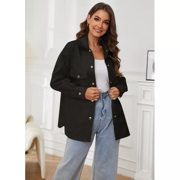 OSTOO Womens 2024 Oversized Lightweight Long Sleeves Shacket Jacket Button Down Wool Blend Coats with PocketsBlack