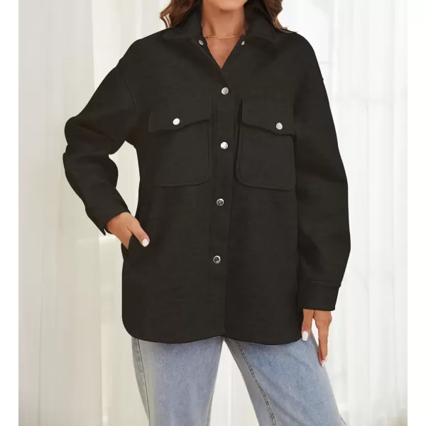 OSTOO Womens 2024 Oversized Lightweight Long Sleeves Shacket Jacket Button Down Wool Blend Coats with PocketsBlack