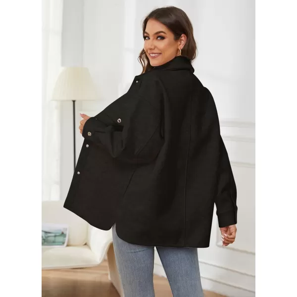 OSTOO Womens 2024 Oversized Lightweight Long Sleeves Shacket Jacket Button Down Wool Blend Coats with PocketsBlack