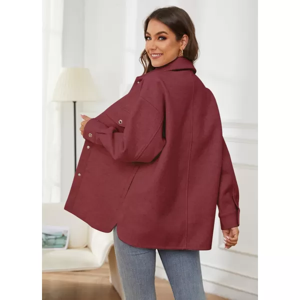 OSTOO Womens 2024 Oversized Lightweight Long Sleeves Shacket Jacket Button Down Wool Blend Coats with PocketsBurgundy