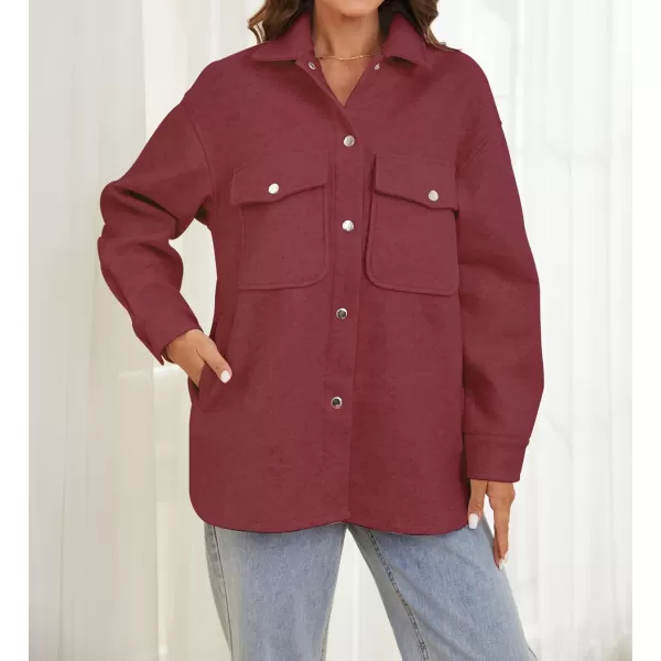 OSTOO Womens 2024 Oversized Lightweight Long Sleeves Shacket Jacket Button Down Wool Blend Coats with PocketsBurgundy