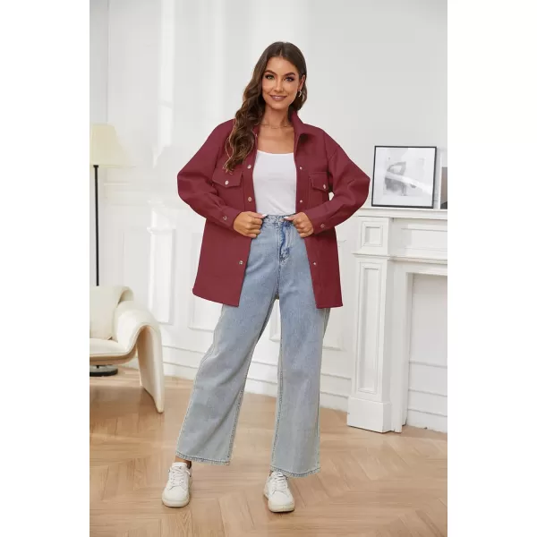 OSTOO Womens 2024 Oversized Lightweight Long Sleeves Shacket Jacket Button Down Wool Blend Coats with PocketsBurgundy