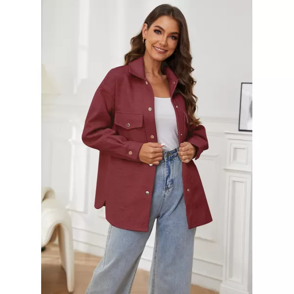 OSTOO Womens 2024 Oversized Lightweight Long Sleeves Shacket Jacket Button Down Wool Blend Coats with PocketsBurgundy