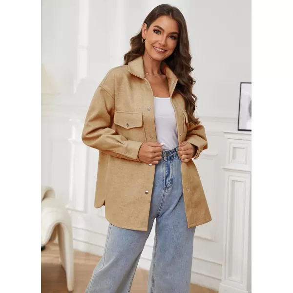 OSTOO Womens 2024 Oversized Lightweight Long Sleeves Shacket Jacket Button Down Wool Blend Coats with PocketsCamel